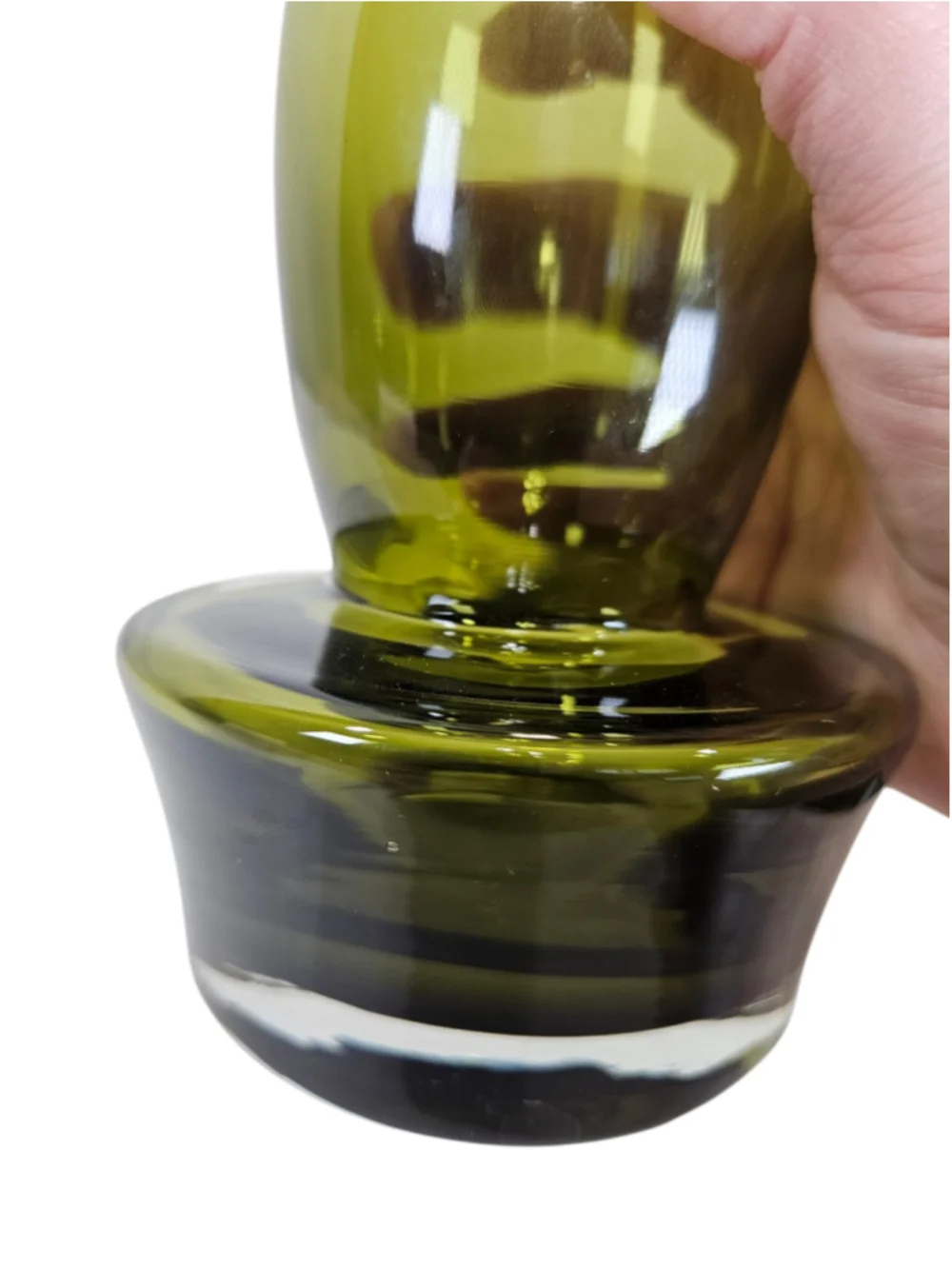 Riihimäen Lasi Finnish Olive Green Glass Vase MCM Scandinavian Dumbell Art Glass